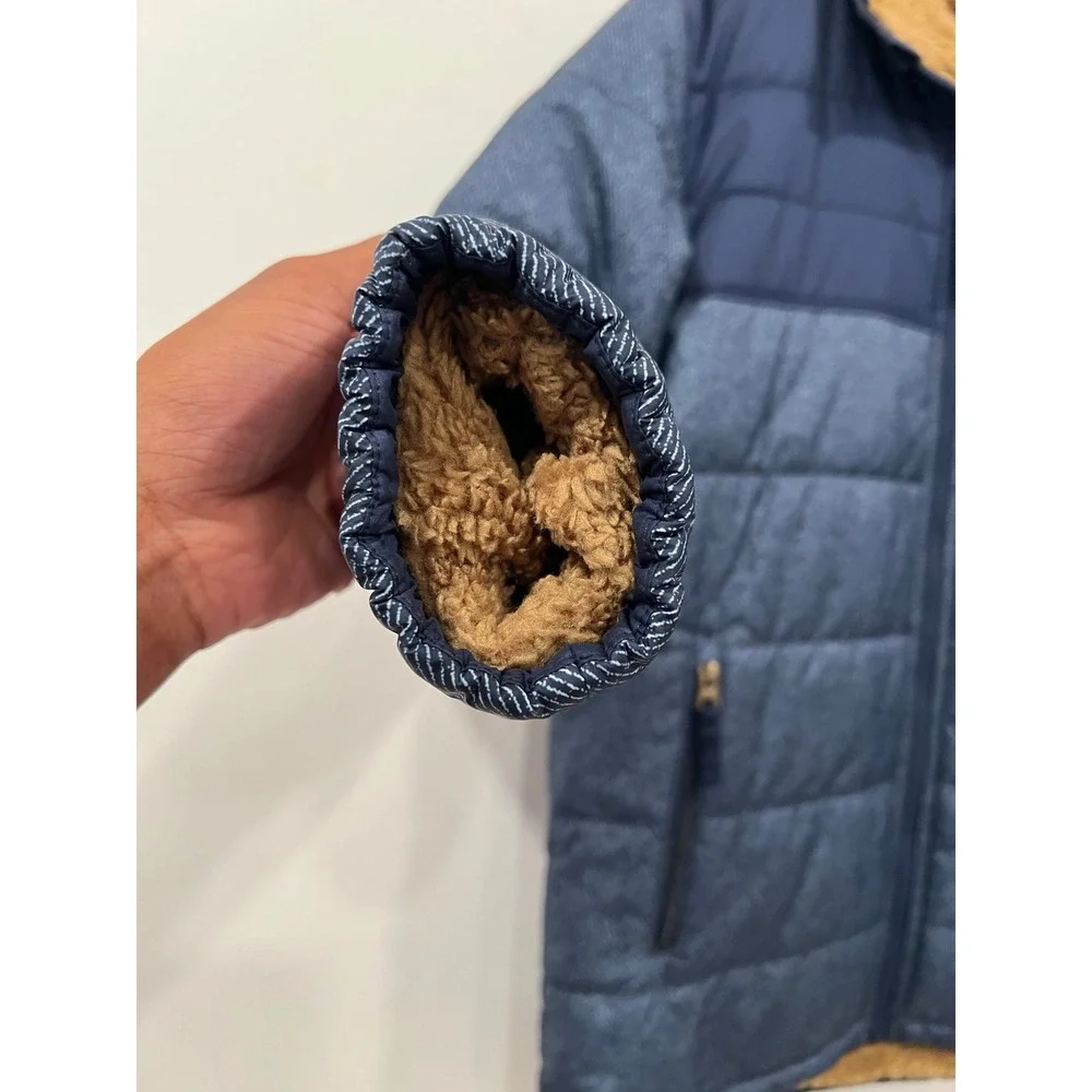 The North Face Puffer Jacket Boys Large Navy Blue Reversible Fleece Brown